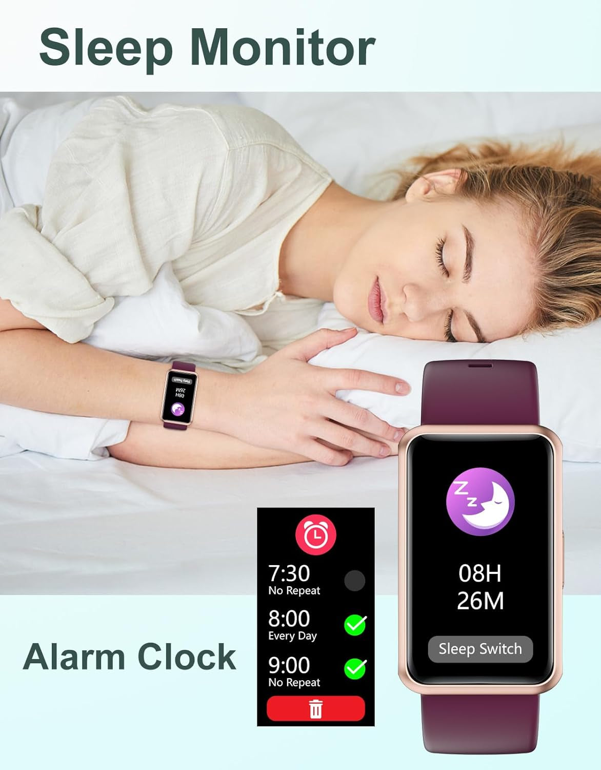 Fitness Tracker - Bluetooth-Free, App-Free, Phone-Free, IP68 Waterproof Fitness Watch for Men and Women with Full Touch Screen, Steps and Calories Counter, Sleep Tracker, and Alarm Clocks (Purple)